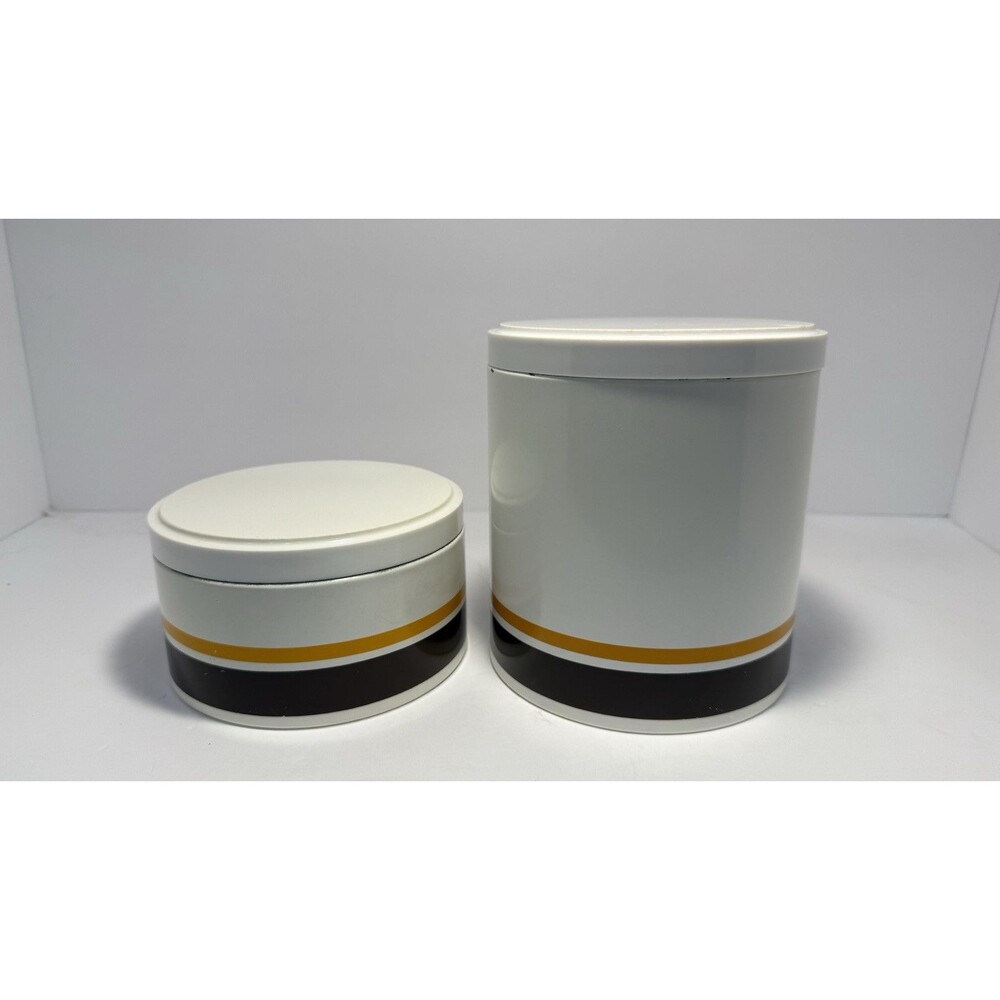 Vintage Ransburg Canister Set Metal Brown Yellow Stripe Approx 6” W X 3.5” & 7”